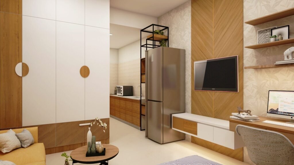 Comfortable cot and mattress, Stylish sofa set, Modern TV and air conditioning, Essential kitchen appliances like a fridge, microwave oven, and geyser, Spacious cupboards for storage everything inside Morais Orchid studio apartments