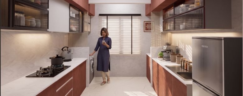 The kitchen is planned for convenient everyday use, with sufficient room for cooking and essential storage.
