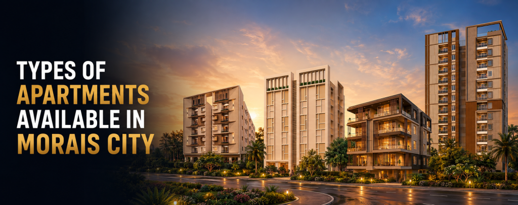 Homebuyers can explore studio apartments, 2 BHK apartments, 3 BHK apartments, 4 BHK apartments, and larger premium residences across multiple projects developed by Morais Group.