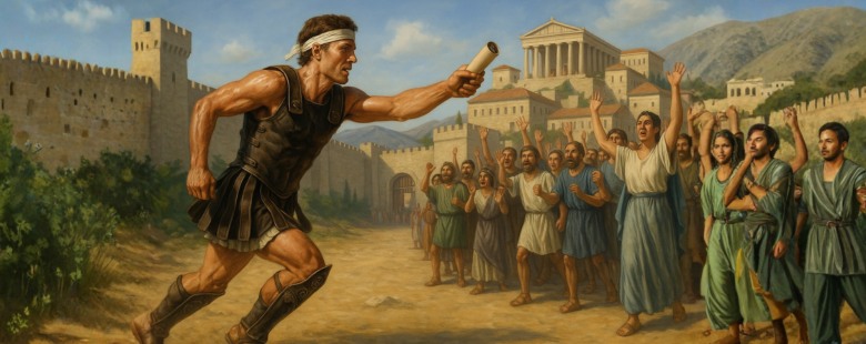 According to legend, a Greek soldier named Pheidippides ran from the battlefield near Marathon all the way to Athens — a distance of roughly 40 km — to deliver the message of victory.