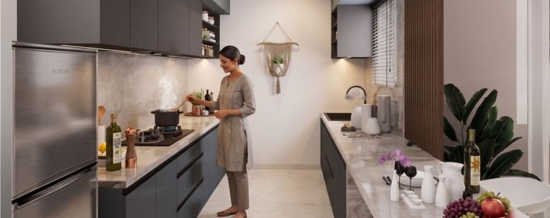 The kitchens at Morais Eden are designed with modular layouts in mind, providing optimal counter space, dedicated electrical points for high-end appliances, and excellent ventilation to handle traditional Indian cooking.